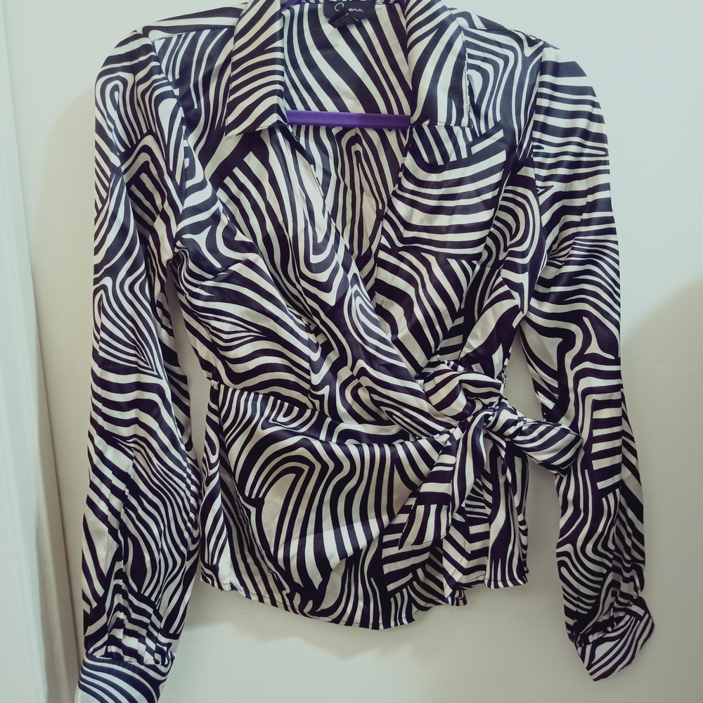 Cream and Black Zebra Type Print Long Sleeve Wrap Blouse with Tie Front